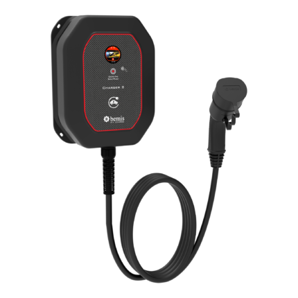 Bemis Charger 2 ev tipi elektrikli araç şarj istasyonu, trifaze, 5 metre Type 2 kablolu siyah gövde