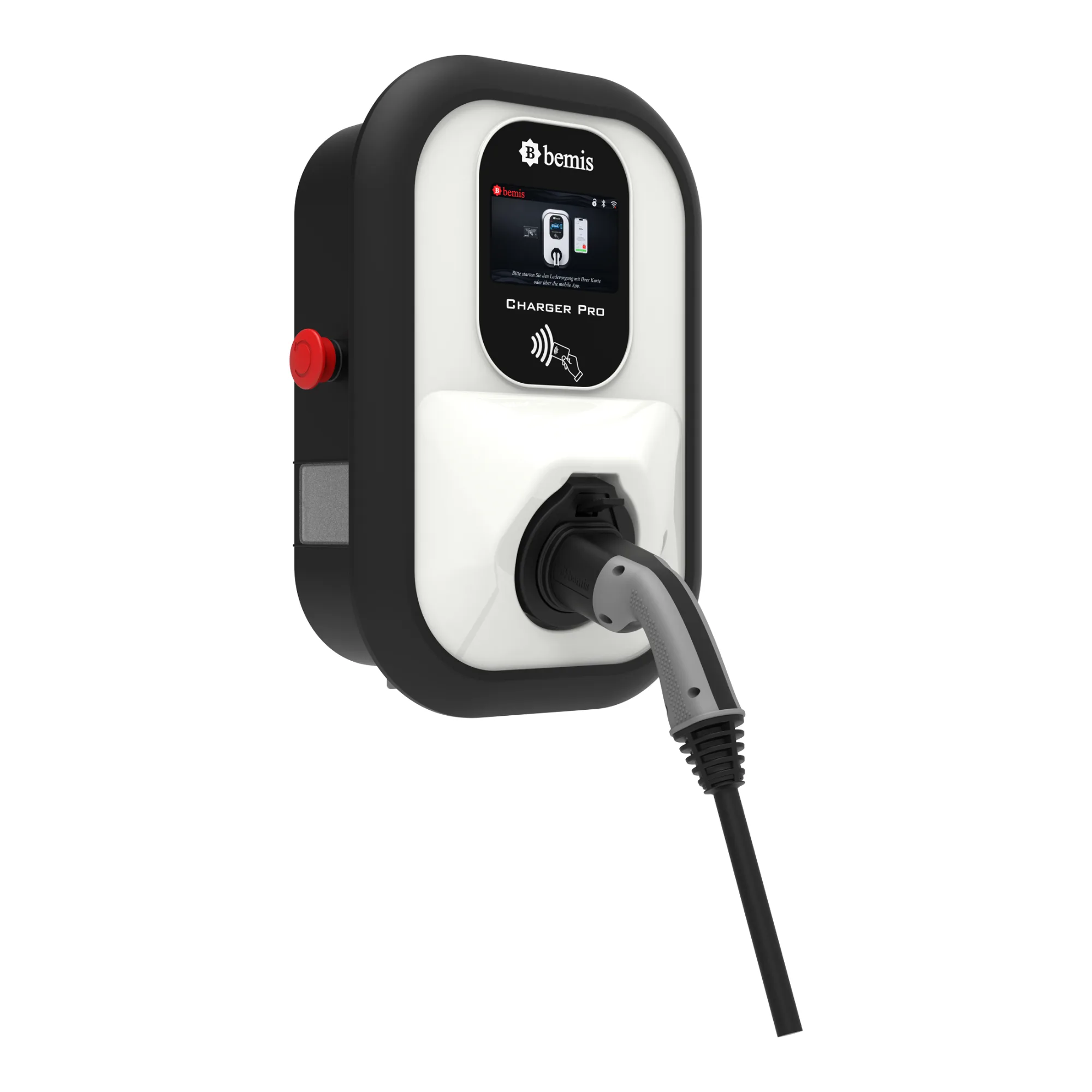 Bemis Charger Pro 2 kablolu ticari şarj istasyonu, OCPP 1.6J, renkli LCD ekran, 5 metre entegre Type 2 kablolu